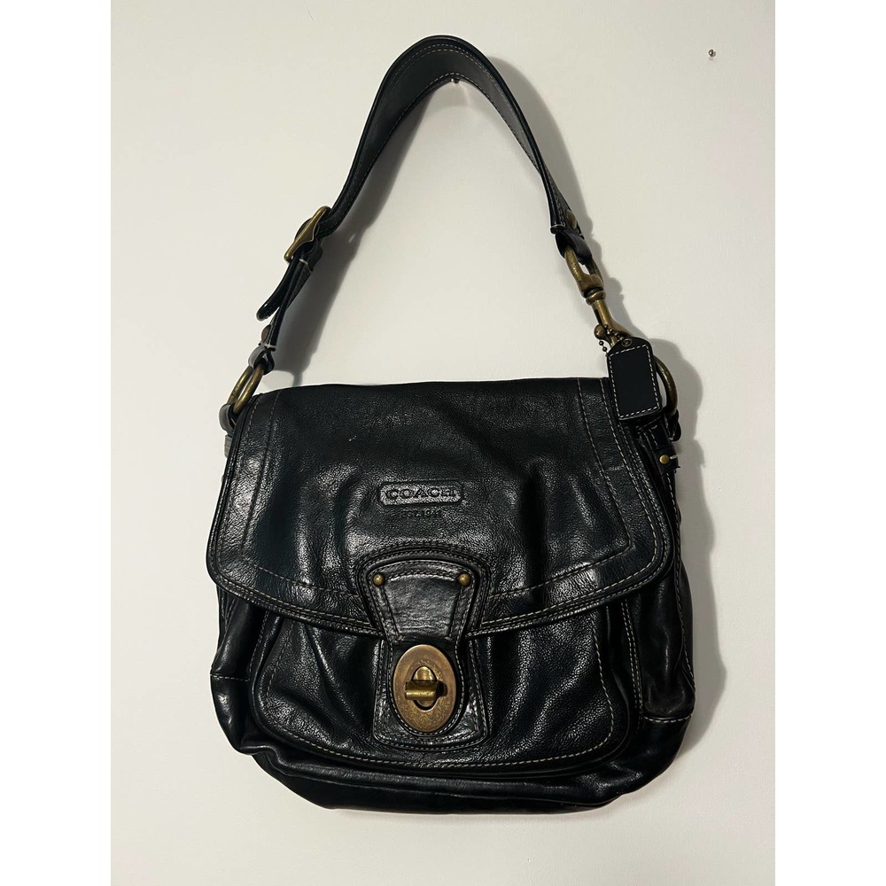 Black Leather Coach Bag with large gold hardware